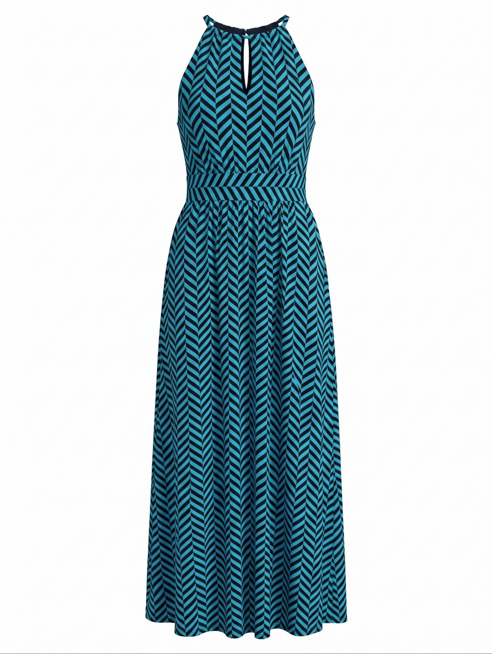 LOFT Teal and Black Chevron Halter Maxi Dress Keyhole Strapless Geometric Light